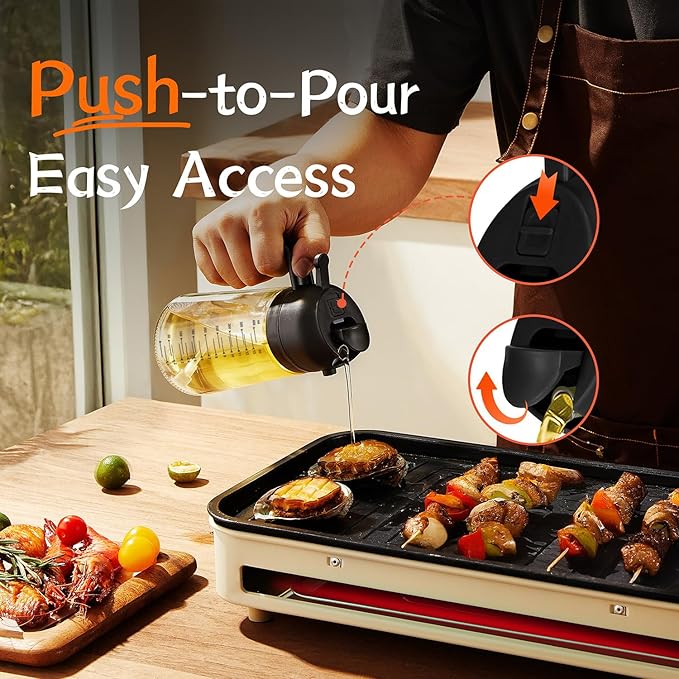 16oz/470ml Glass Olive Oil Sprayer for Cooking – 2 in 1 Olive Oil Dispenser Bottle for Kitchen Gadgets and Air Fryer Accessories, Salad, BBQ - Black