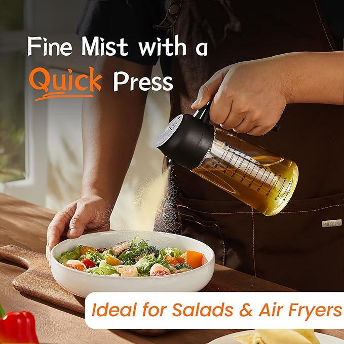 16oz/470ml Glass Olive Oil Sprayer for Cooking – 2 in 1 Olive Oil Dispenser Bottle for Kitchen Gadgets and Air Fryer Accessories, Salad, BBQ - Black