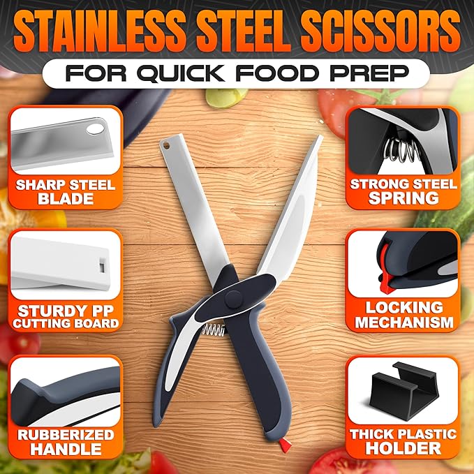 Cutting Board Scissors - 2 In 1 Stainless Steel Vegetable Scissors Cutting Board Knife, Dishwasher Safe, Safety Lock, Rust Resistant - Sharp Kitchen Scissors for Vegetables & Fruits