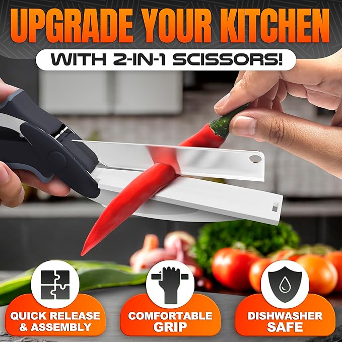 Cutting Board Scissors - 2 In 1 Stainless Steel Vegetable Scissors Cutting Board Knife, Dishwasher Safe, Safety Lock, Rust Resistant - Sharp Kitchen Scissors for Vegetables & Fruits