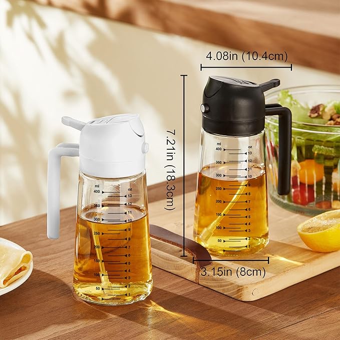 16oz/470ml Glass Olive Oil Sprayer for Cooking – 2 in 1 Olive Oil Dispenser Bottle for Kitchen Gadgets and Air Fryer Accessories, Salad, BBQ - Black