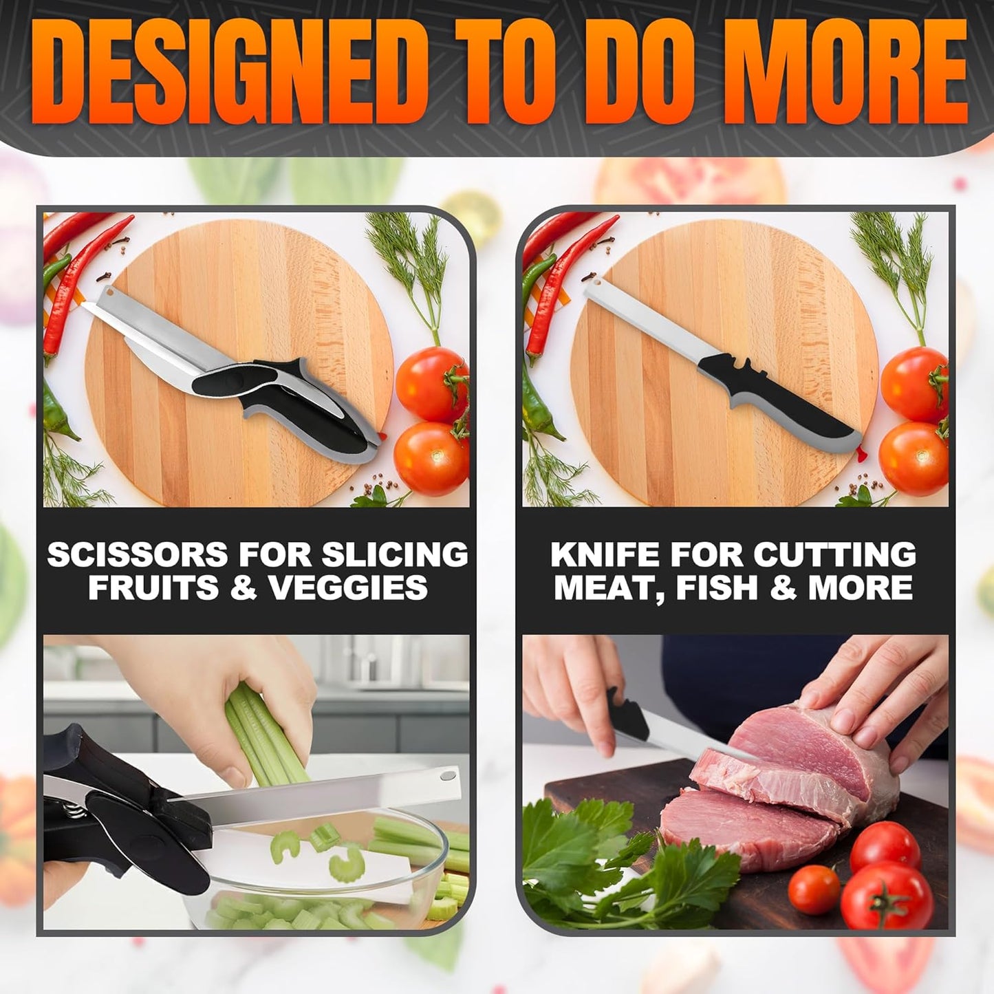 Cutting Board Scissors - 2 In 1 Stainless Steel Vegetable Scissors Cutting Board Knife, Dishwasher Safe, Safety Lock, Rust Resistant - Sharp Kitchen Scissors for Vegetables & Fruits